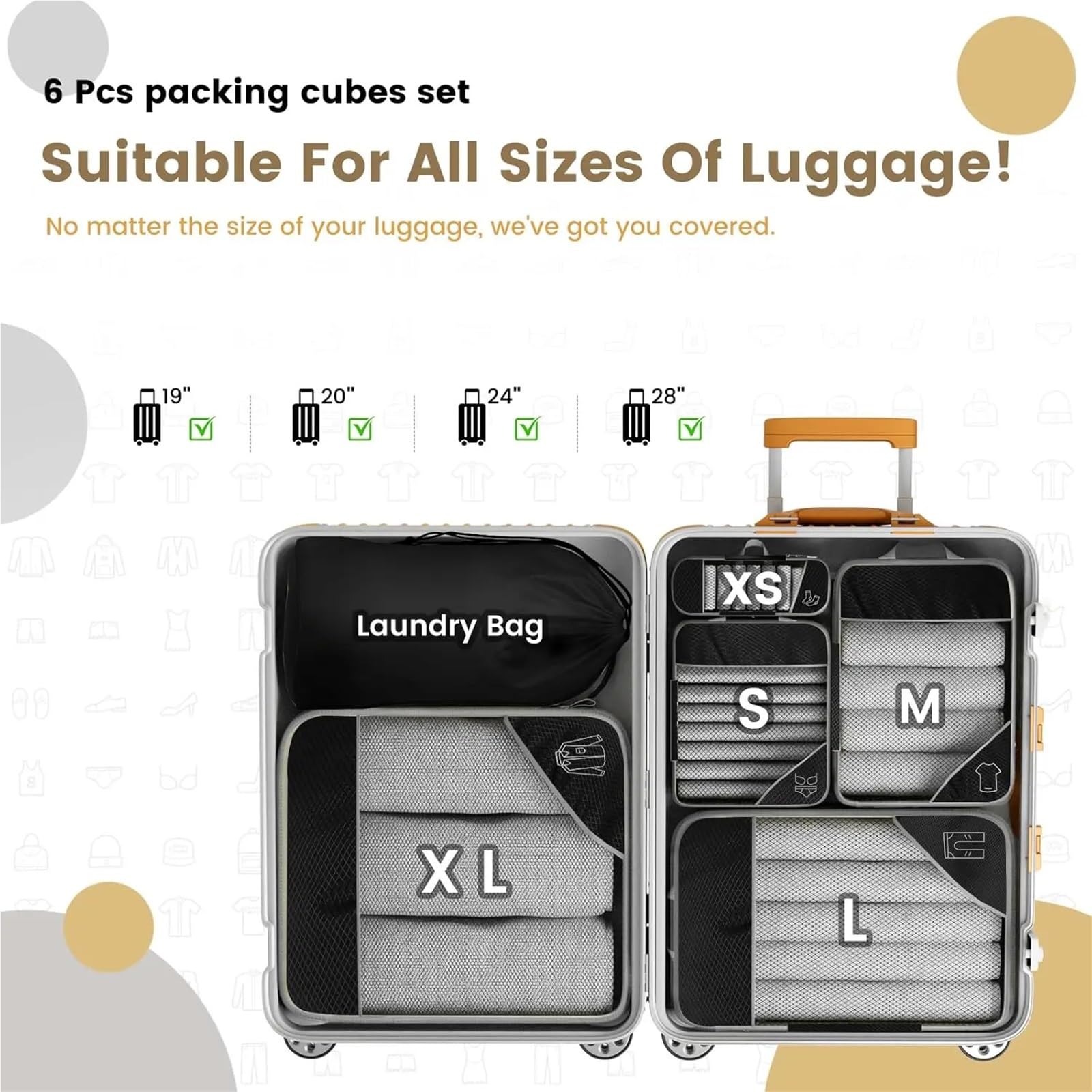 Organizer Valigia,Packing Cubes Set di 6 cubi da Viaggio compressi, Organizer for riporre Oggetti, con Borsa for Scarpe, in Rete, Portatile e Leggero.(Black)