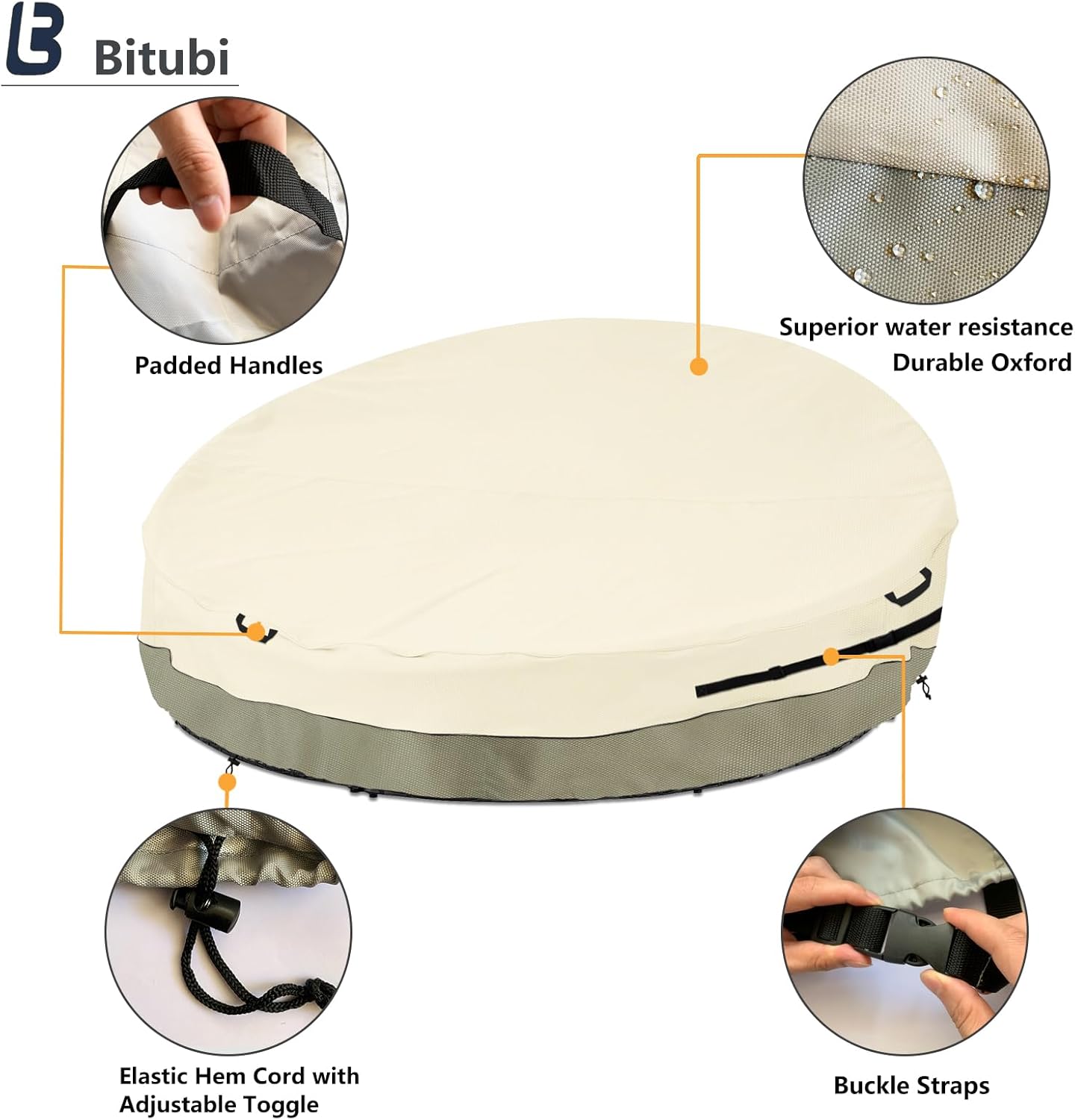 Bitubi 75 Inch Heavy Duty Waterproof Outdoor Daybed Cover - 600D Tough Canvas Anti-UV Patio Canopy Daybed Sofa Cover 75"Dia x 35"/16”H, Beige