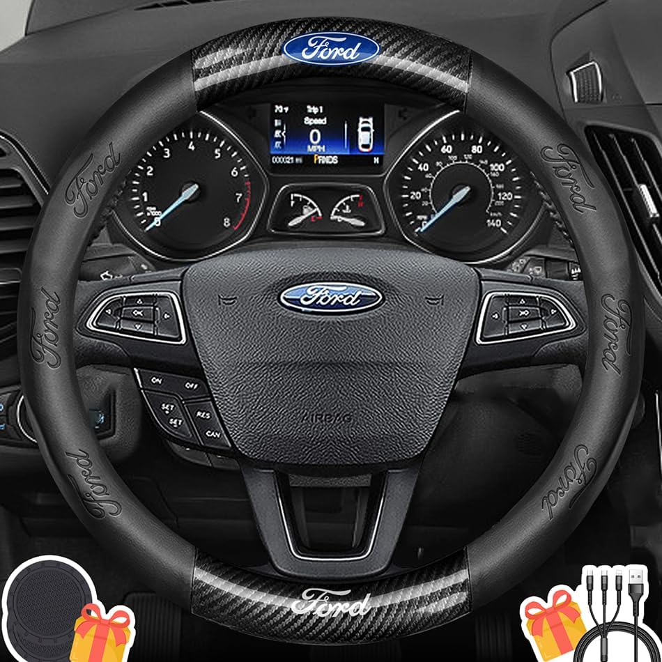 Customized Steering Wheel Cover Compatible with Nissan, Premium Nappa Leather&Bright Carbon Fiber Texture Steering Wheel Cover, with Coasters and 3-in-1 USB Fast Charging Cable (Black)