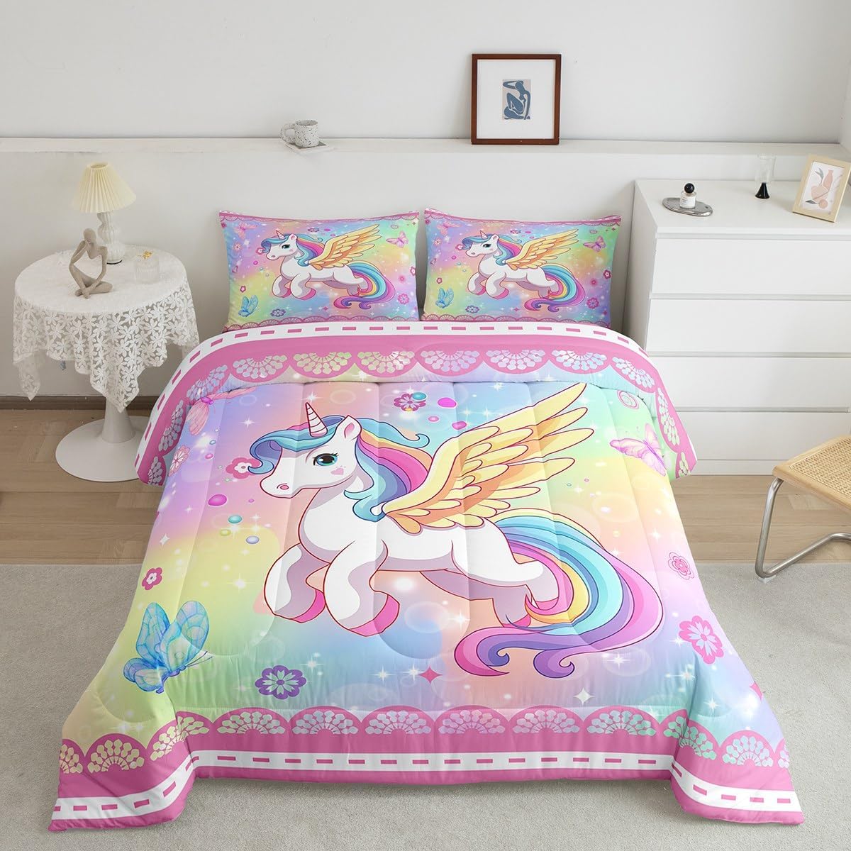 Feelyou Unicorn Bedding Set for Girls Kids Twin Size Butterfly and Flower Comforter Sets for Girls Multicolor Unicorn Comforter Set Pink Rainbows Galaxy Comforter Set with 1 Pillowcase Multi