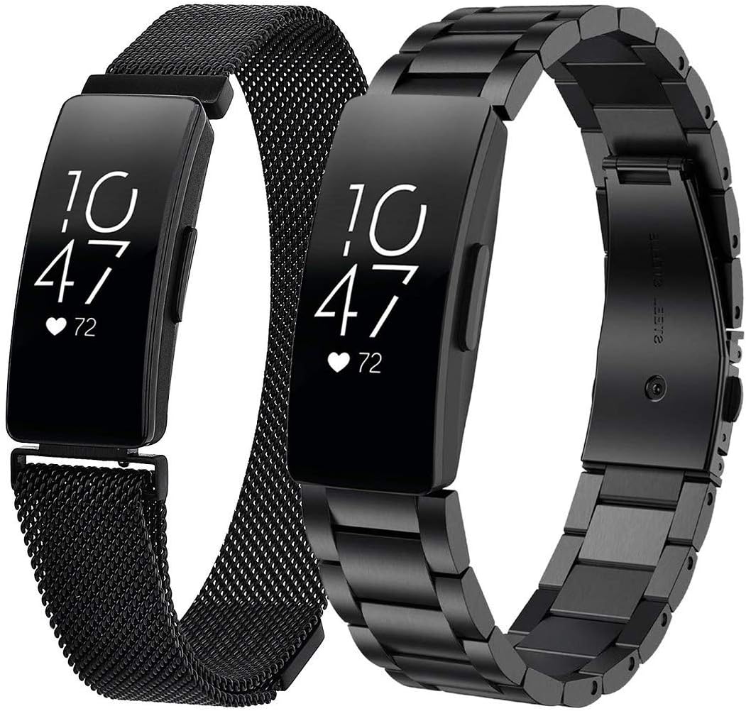 V-MORO 2 Pack Metal Bands Compatible with Inspire/Inspire HR Band Women Men Sets, Stainless Steel Metal Band + Mesh Loop Replacement Bracelet Strap for Inspire HR Smartwatch Black
