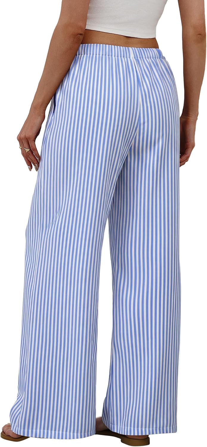  Wide Leg Pants for Women Flowy Palazzo Drawstring Elastic Waist Trousers with Pockets Summer Beach Vacation Clothes thumbnail