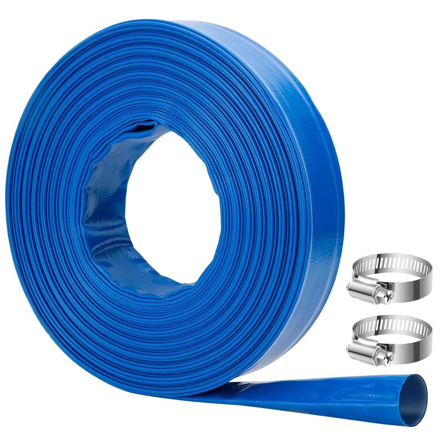 OCGIG 1-1/2"*100ft Pool Backwash Hose, Heavy-Duty Lay Flat Discharge PVC Hose, Weatherproof Burst Resistant for Water Drain Pools, Swimming Pool Clean Filters, Water Transfer, with 2 Clamps