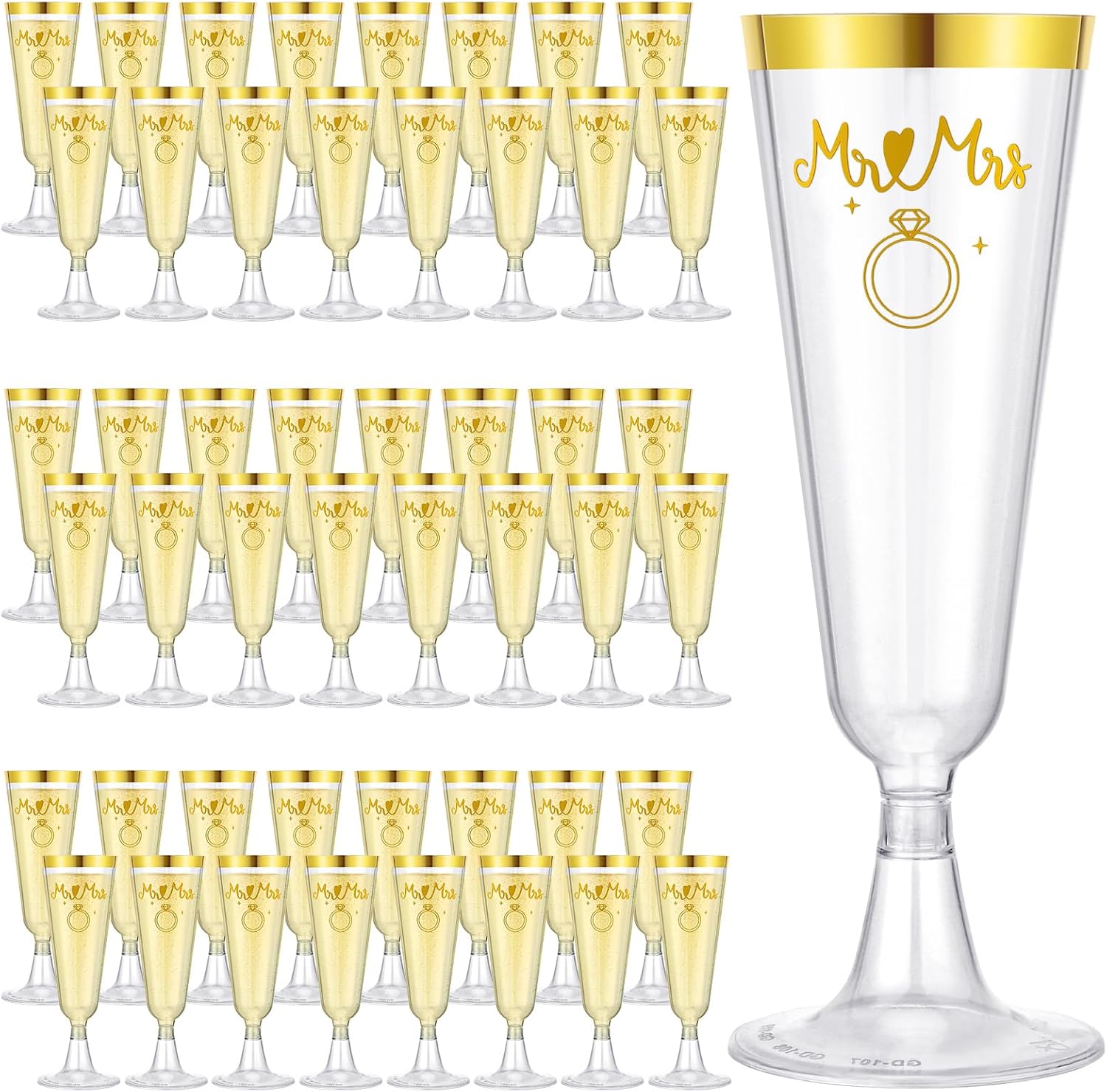 LemonRoad 48 Pack Wedding Disposable Plastic Cups Gold Rimmed Plastic Wine Champagne Flutes Mr Mrs Wedding Ring Engagement Celebration Drinkware Supplies 5oz Cocktail Cups Transparent Party Favors