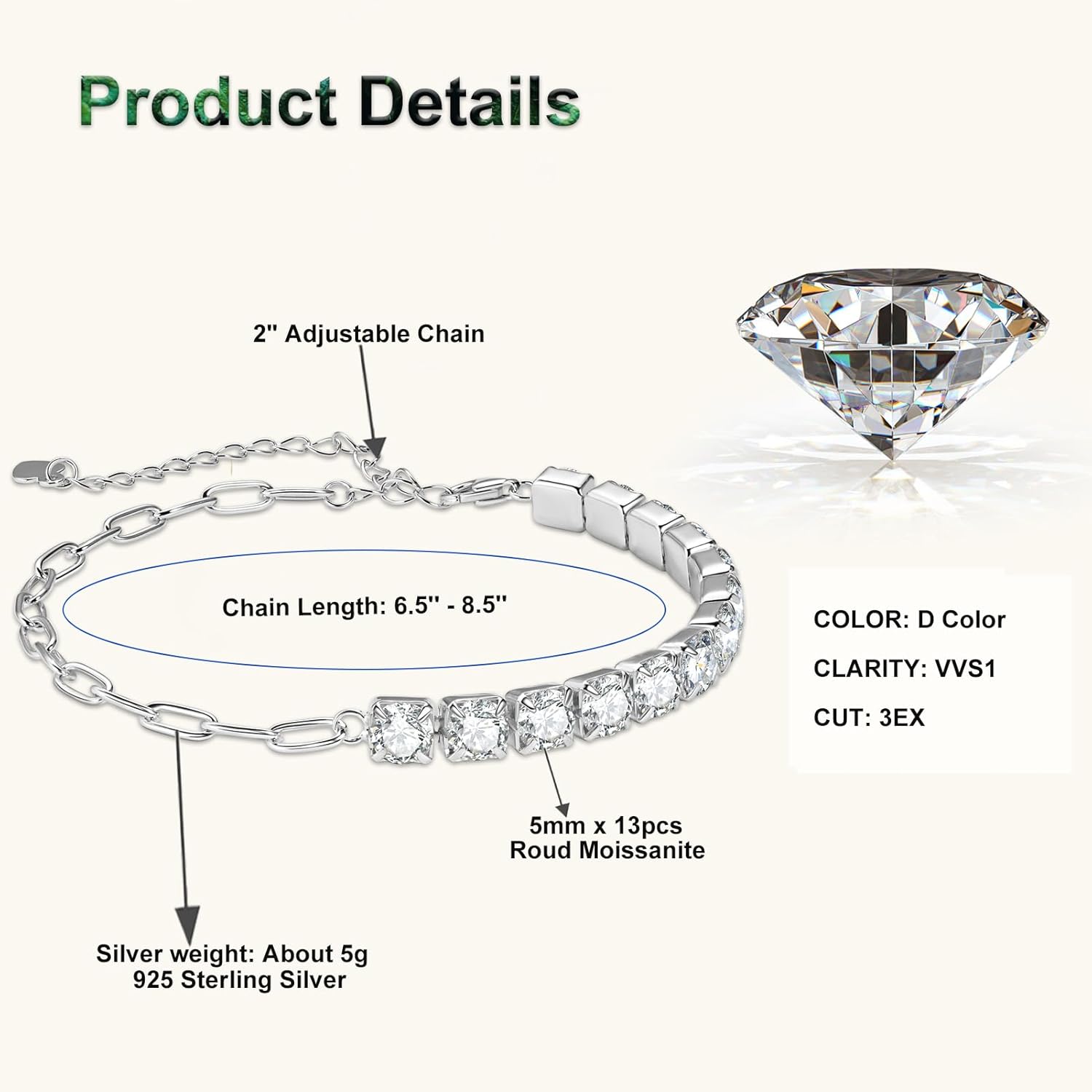 Moissanite Tennis Bracelet, 6.5cttw D Color VVS1 925 Silver Adjustable Bracelets for Women Birthday Graduation Jewelry Gift - Image 3
