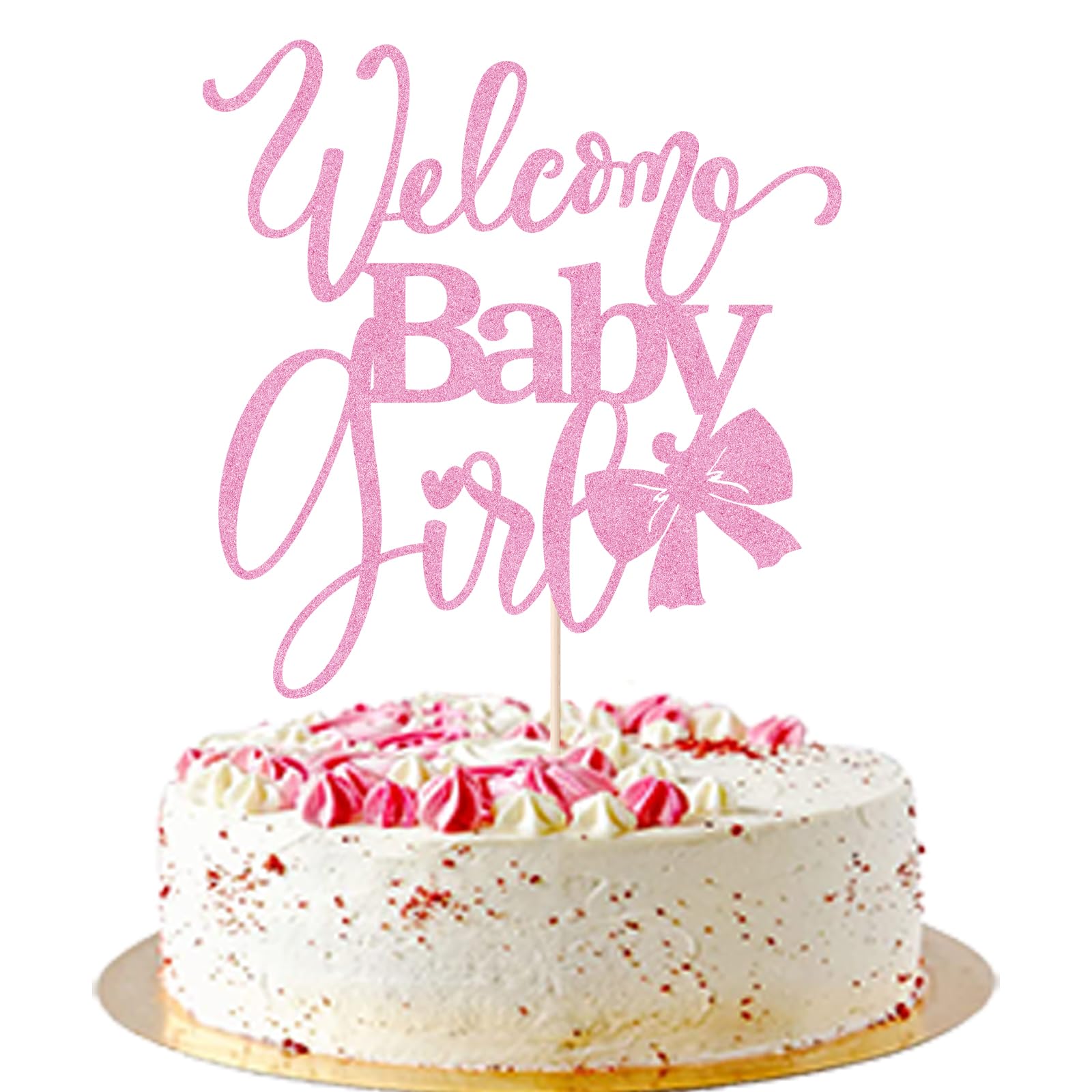 AROKIPPRY Welcome Baby Girl Cake Toppers - Baby Shower, Baby Shower, Newborn Gender Show Girl Happy Birthday Party Decoration (pink glitter) โ image 1
