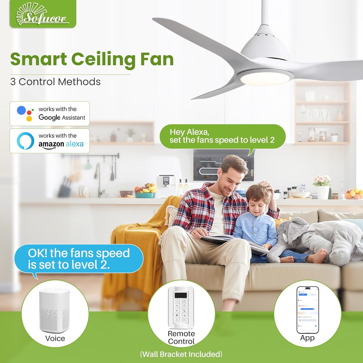 sofucor 52 inch smart ceiling fan with light, modern ceiling fan with 3 plastic blade, quiet, dimmable, compatible with alexa/google/app, 6 speeds 7000cfm, timer quiet reversible dc motor, etl, white 52 inch smart control white