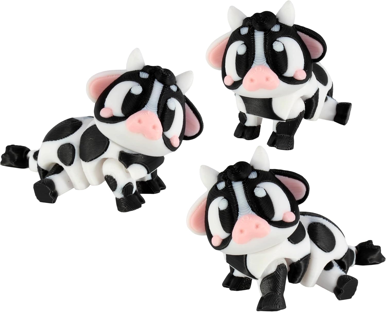 PowerTRC 3D Printed Articulated Cow Fidget Toy 3 Pack – Flexible Cute Animal Desk Decor, Adult Collectible – 3D Printed in USA