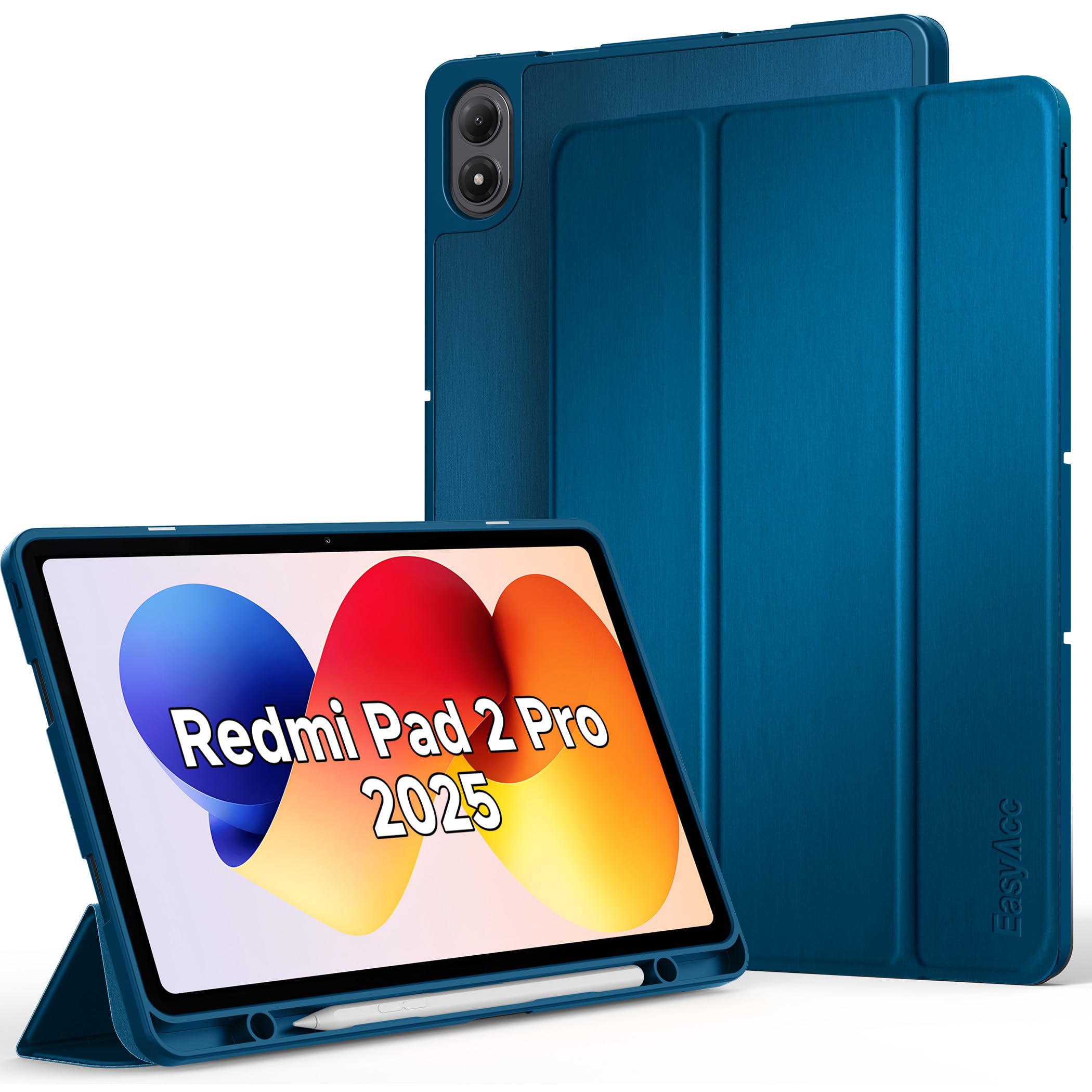 EasyAcc Hülle für Xiaomi Redmi Pad 2 Pro 12.1 Zoll mit Stifthalter, Schutzhülle Ultradünne PU Leder mit Standfunktion und Auto Wachen/Schlafen Hülle Case, Pfauenblau