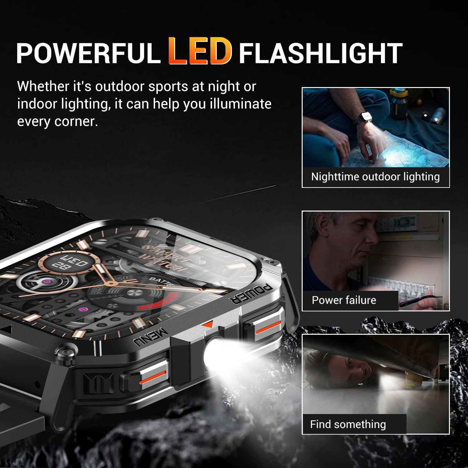 Smartwatch da uomo con torcia LED, touchscreen da 2,01 pollici, cassa in acciaio inossidabile, cinturino in gomma, funzione vocale Bluetooth 5.3, contapassi, contacalorie, cronometro,A