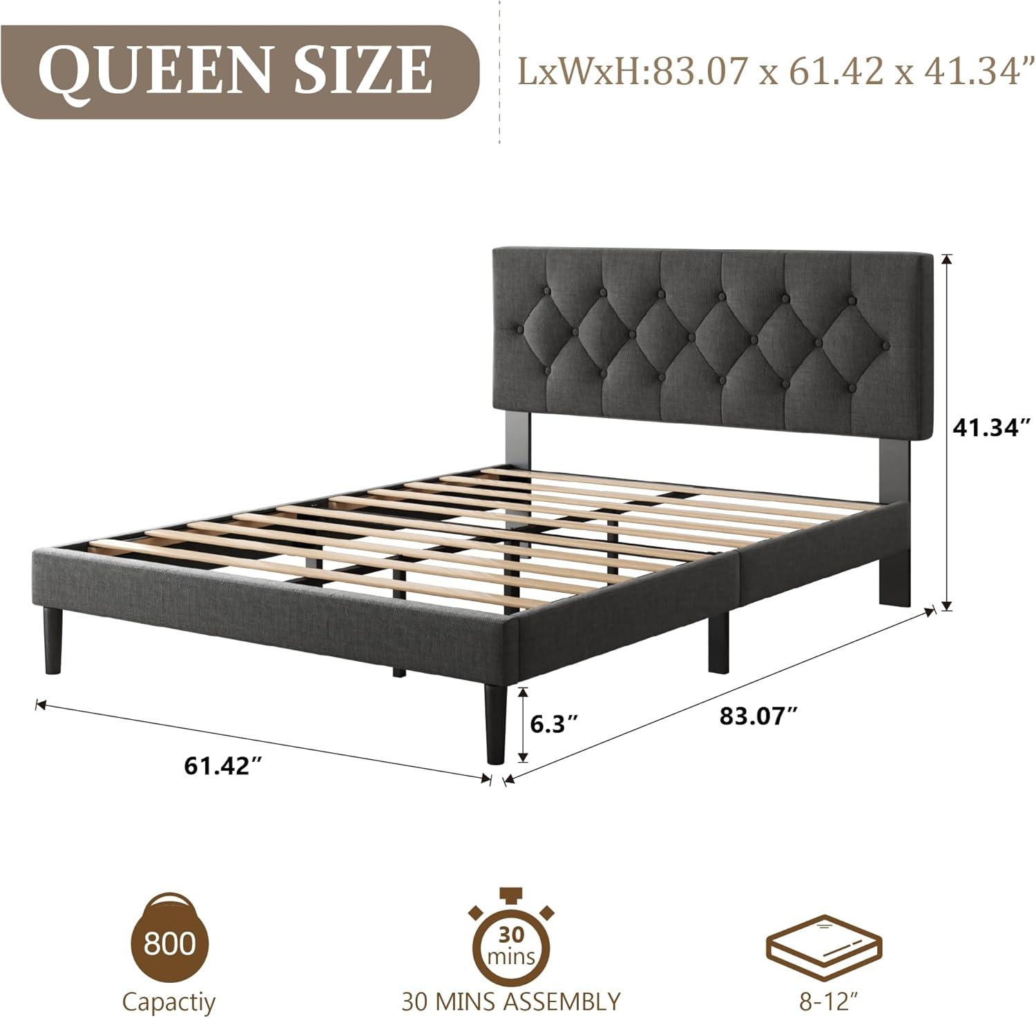 Queen Size Platform Bed Frame with Upholstered Headboard, Button Tufted Design, Strong Wooden Slats, No Box Spring Needed, Easy Assembly, Noise Free - Image 2