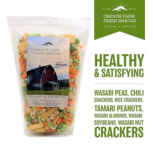 Vista 7 de Oregon Farm Fresh Snacks Mezcla de guisantes de Wasabi y galletas de arroz, aperitivos asiáticos de origen local y recién hechos con almendras