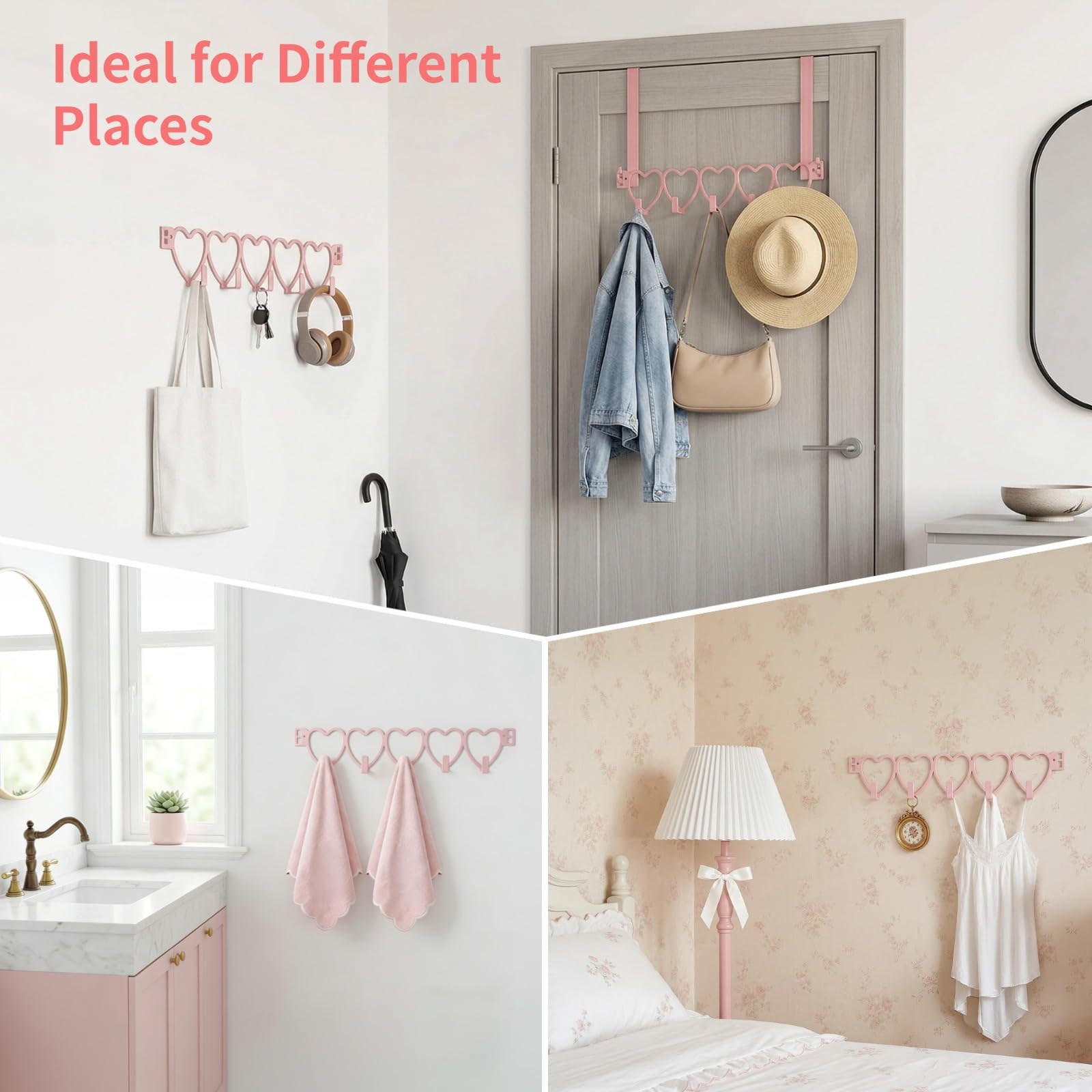 Herzförmige pinke Hakenleiste für Tür- oder Wandmontage, Metall-Organizer mit fünf Haken, für Handtücher, Mäntel, Schlüssel und Taschen, für Flur, Bad, Küche und Schlafzimmer