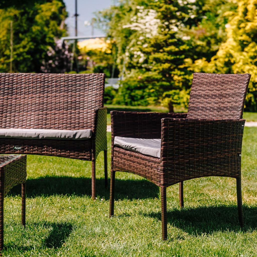 FIJI zestaw mebli ogrodowych 4-os. (brązowo-szary) | 2 fotele, sofa i stolik z blatem ze szkła hartowanego, technorattan, brązowo-szary, na taras, balkon i ogród