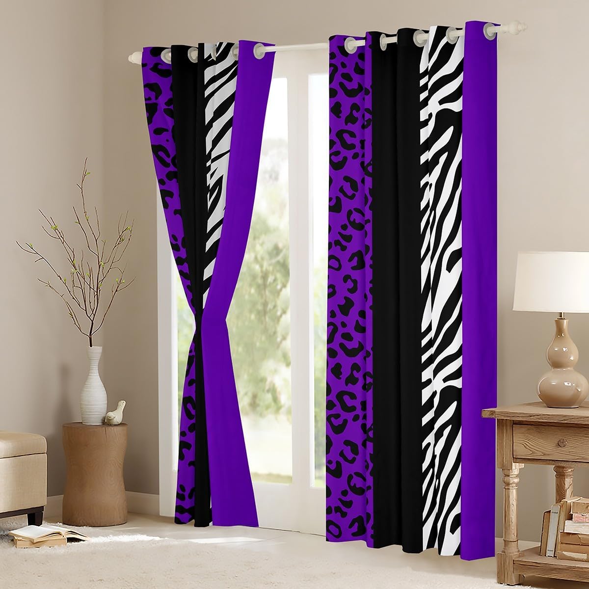 Homewish Leopard Print Blackout Curtains,Zebra Skin Texture Window Drapes for Kids Teens Adult,Striped Fashion Black White and Purple Window Treatments Grommet Top 2 Panel Set Curtains, 38Wx45L inch