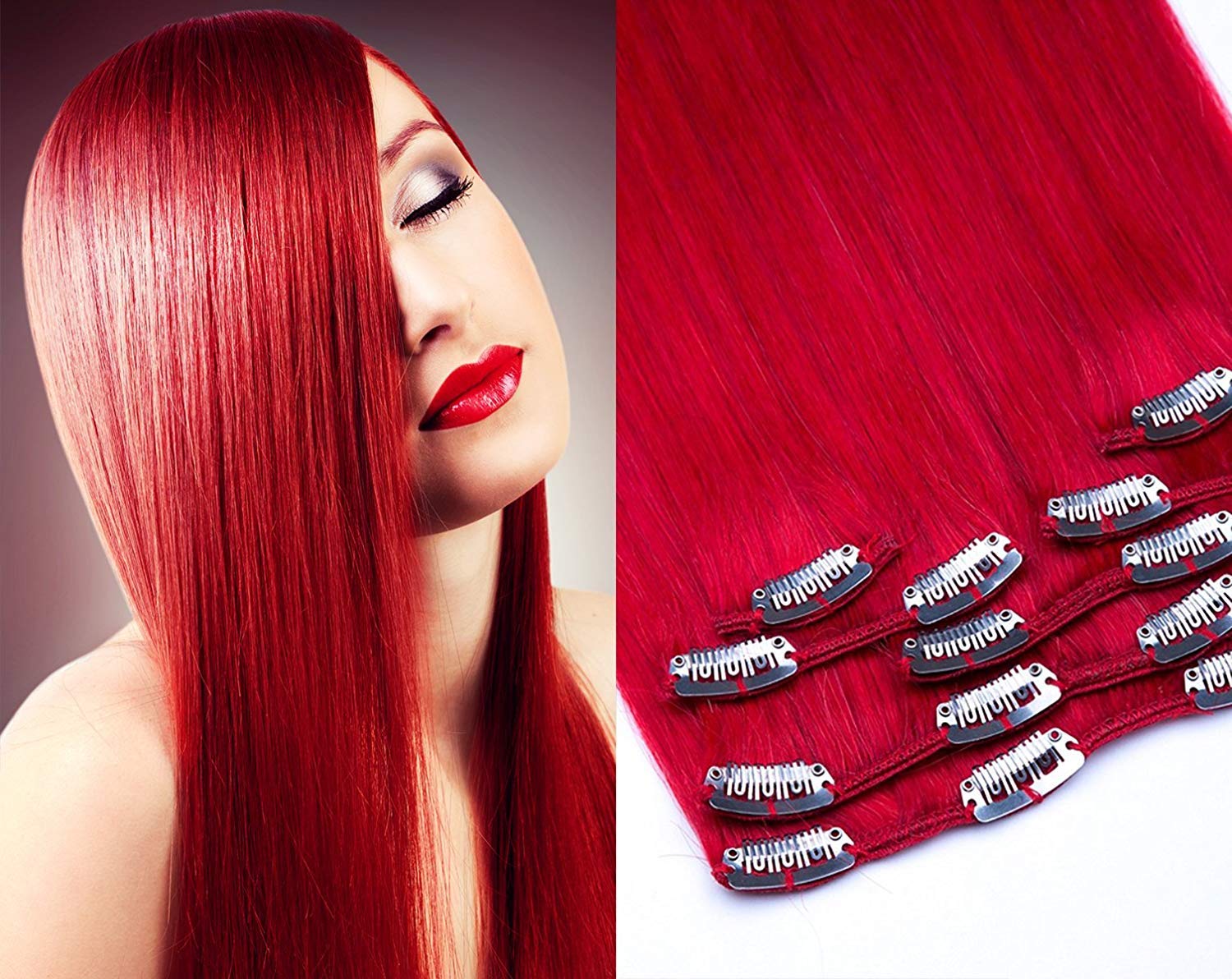 Clip In Extensions Set 100% Echthaar 7 teilig 70g Haarverlängerung 55cm Clip-In Hair Extension in der Farbe # Red