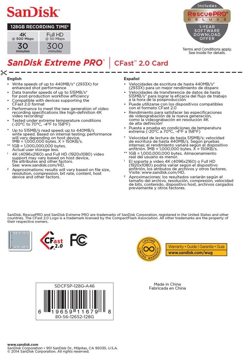 Sandisk Extreme Pro - Flash memory Card - 128 GB - CFast 2.0 - Silver (SDCFSP-128G-A46D)