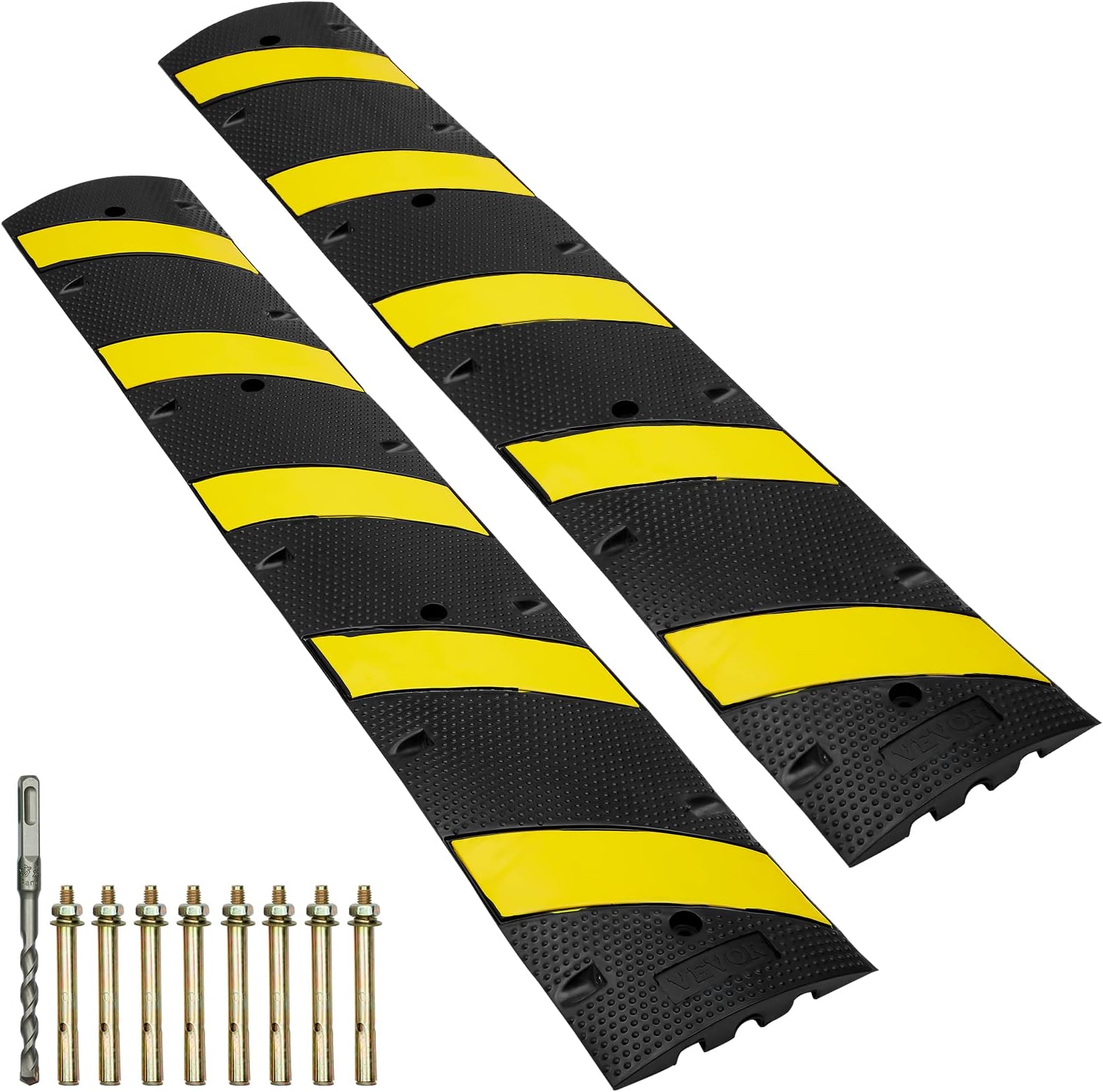 2PCs 6 ft/72'' Rubber Speed Hump, 2 Channel, 22000 lbs Capacity Heavy Duty Traffic Speed Bump, with High Reflective Yellow Strip 8 Expansion Screws and 1 Drill, for Asphalt Concrete Gravel Roads