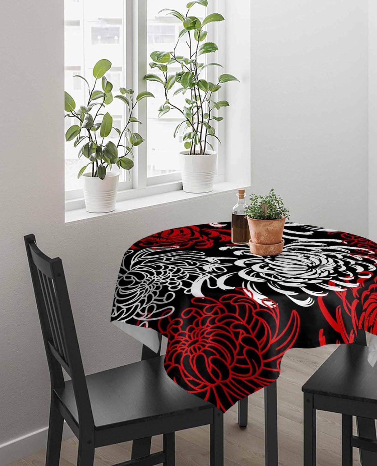 Floral Burlap Table Cloths Rectangle 53x53inch Table Covers for Dining Room, Buffet Parties and Camping, Kitchen Tabletop Decoration Chrysanthemum Flower Red Black White