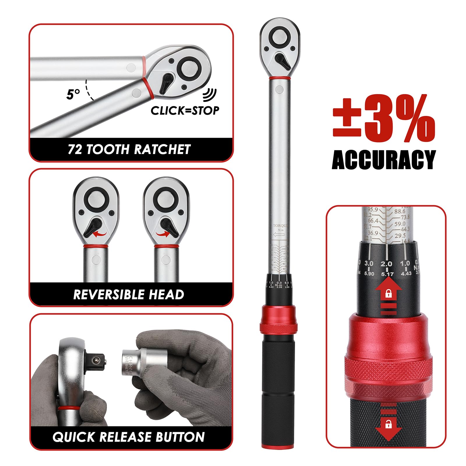 MIXPOWER 10PCS 1/2" Drive Torque Wrench Set, Car Wheel Torque Wrench 20-230Nm with Extensions, Sockets, Adapter - Image 4