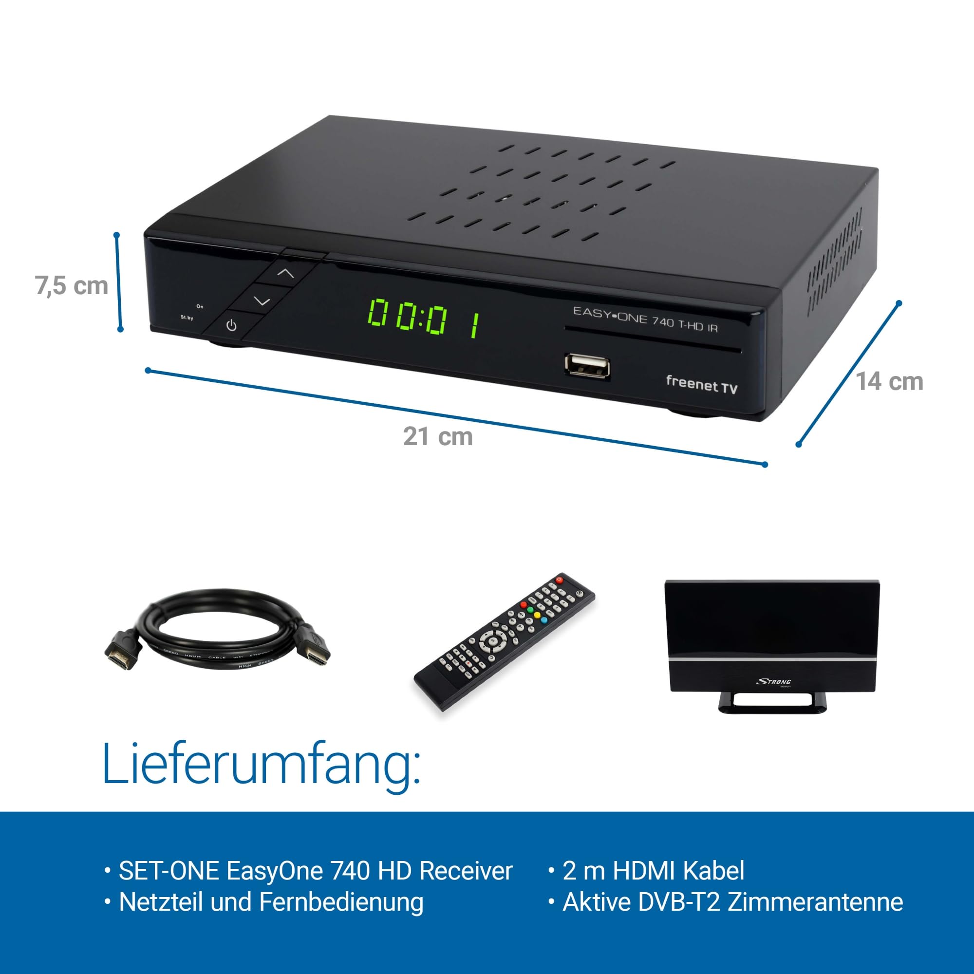 Set-ONE EasyOne 740 HD DVB-T2 Receiver, Freenet TV (Private Sender in HD), Full-HD 1080p, HDMI, USB 2.0, 12V tauglich, 2m HDMI Kabel, DVB-T2 Zimmerantenne