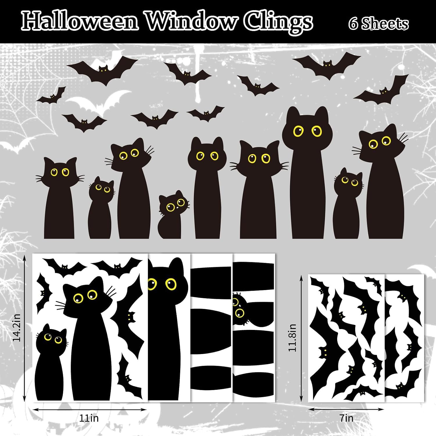 Whaline 6 Sheets Halloween Black Cat Window Clings Cartoon Cat Bat Silhouette Reusable Window Decals for Spooky Holiday Home Office School Glass Decor