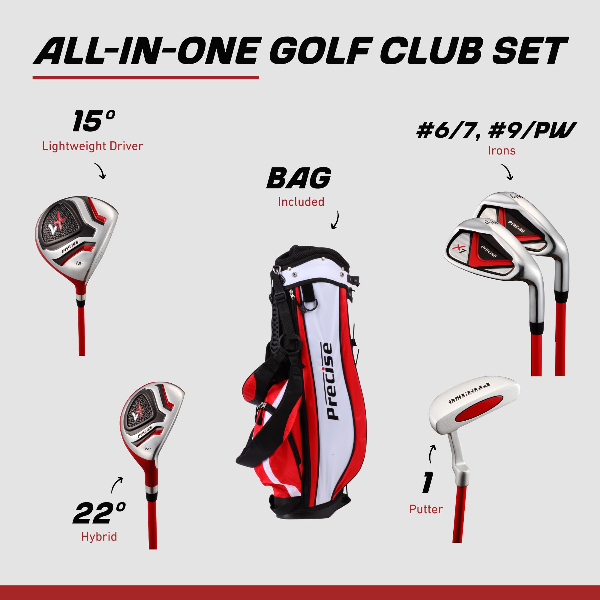 Precise X7 kije golfowe dla dzieci w wieku 3-5, 6-8, 9-12 lat, dla osób prawo- i leworęcznych, dla dziewcząt i chłopców, kije golfowe z lekkimi grafitowymi trzonkami, hybrydowy i stojący