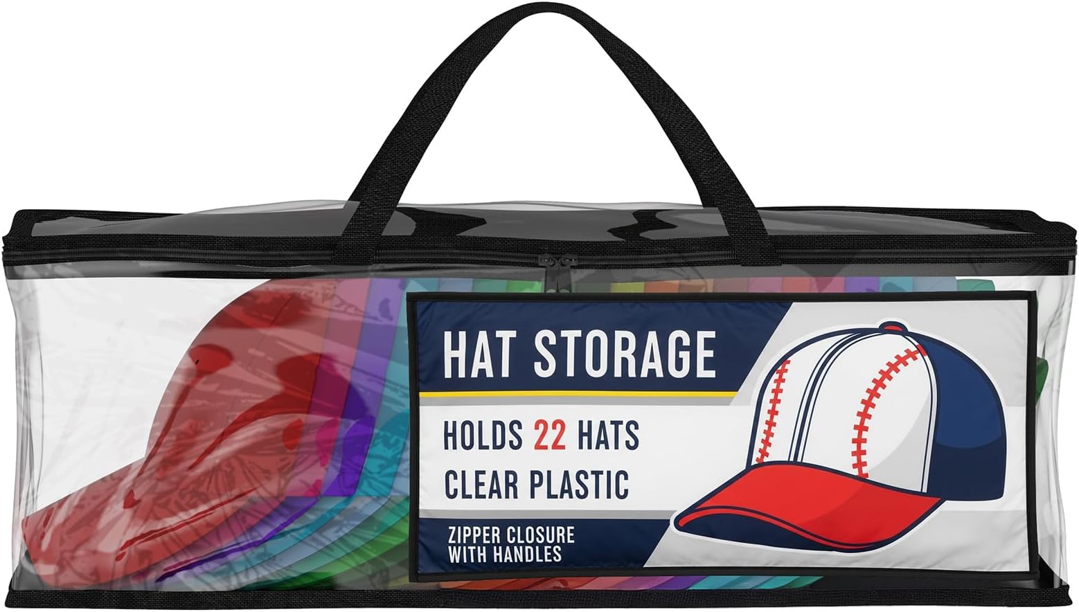 Houseables Baseball Cap Storage Bag, Hat Organizer Case, Cap Holder, Clear Plastic Tote, Black Handles, Moisture & Dust Proof, w/Zipper Closure, Holds up to 22 Hats, Dirt Protection, 23" x 6" x 8"