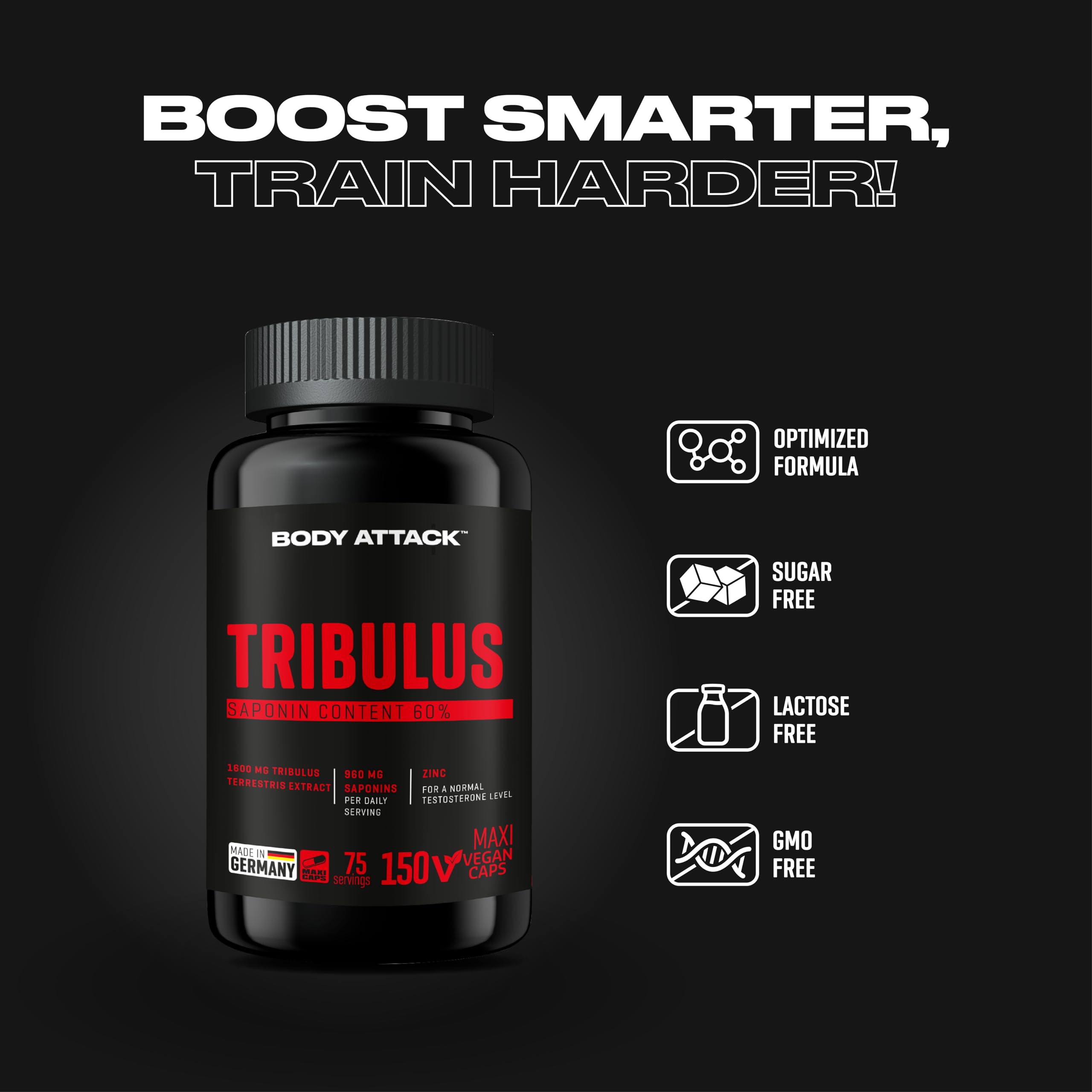 Body Attack Tribulus mit 2400mg Tribulus Extrakt - hochdosierte & natürliche Kapseln mit Testosteron und Zink, Made in Germany, 75 Portionen - 150 Maxi Caps