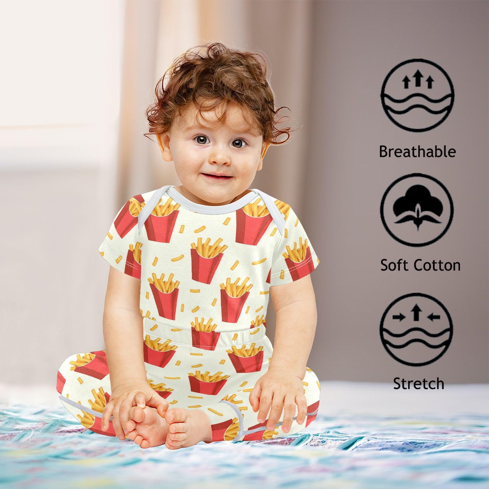 vvfelixl Unisex Short Sleeve Baby Pants Sets,Crispy French Fries Baby Bodysuits Set,Babys Layette Sets Clothes for 18-24M