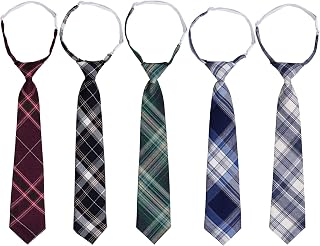 5pcs Boy's Necktie Pre-tied Adjustable Neck Strap Tie Plaid Zipper Tie for Wedding Graduation School Cosplay Uniforms