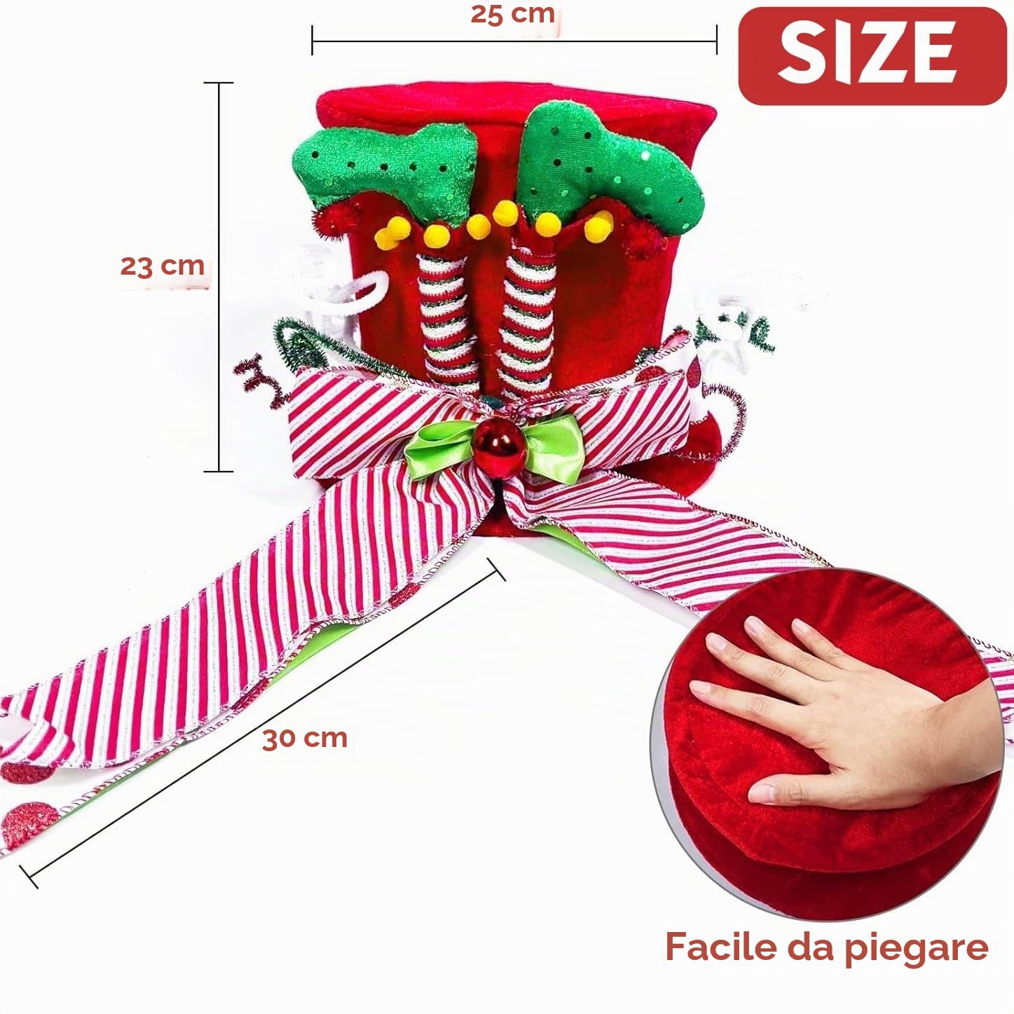 KAHEIGN Punte per Albero di Natale, 25CM Grande Rosso Puntale per Albero di Natale Cappello a Cilindro con Gambe da Elfo e Nastro a Strisce per Casa Natale Inverno Festa Decorazione Desktop Ornamenti