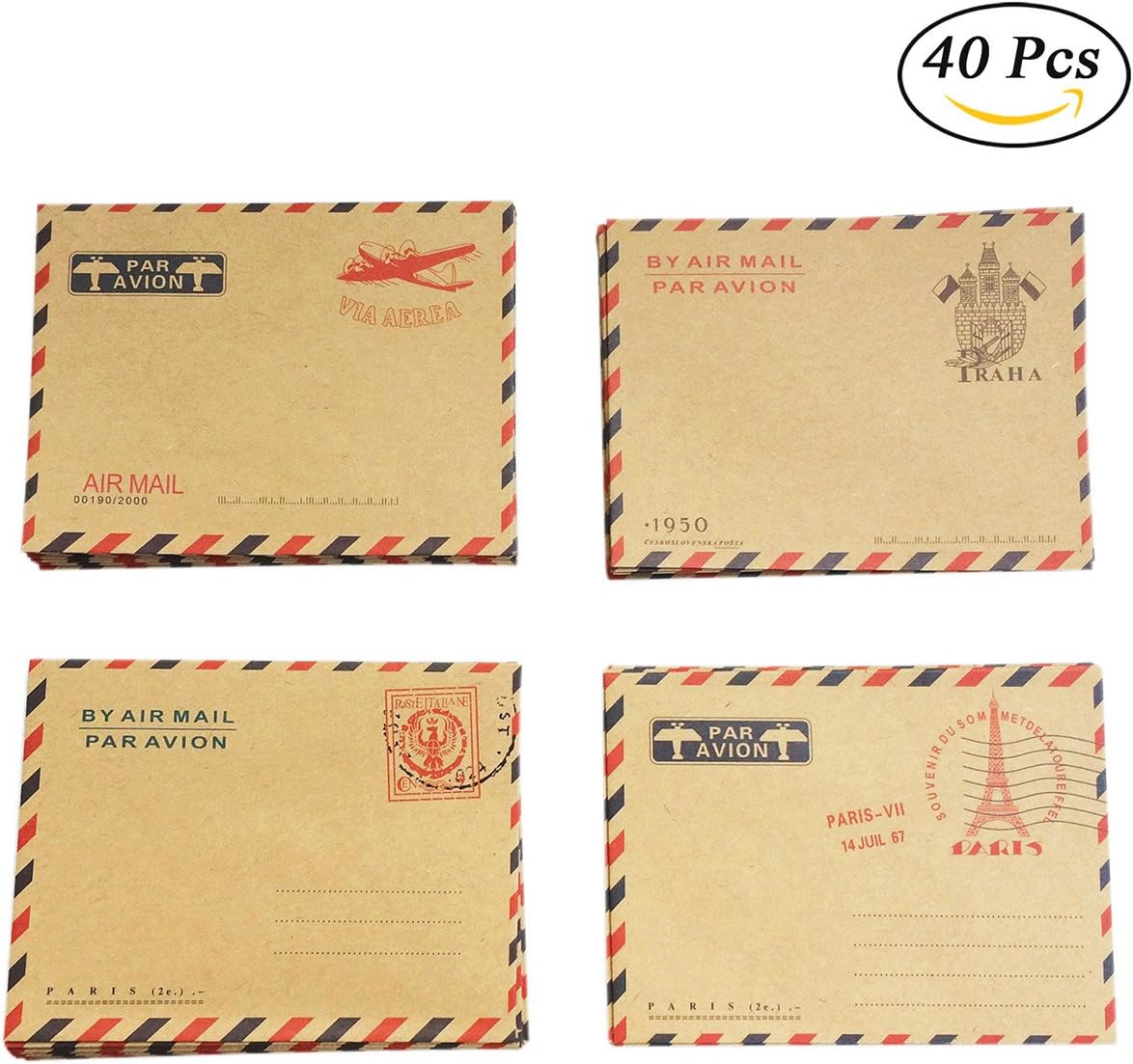 Vintage Style Design Paper Envelope Postcard Letter Stationary Storage Paper AirMail 4 Designs 40 Pack (Brown)