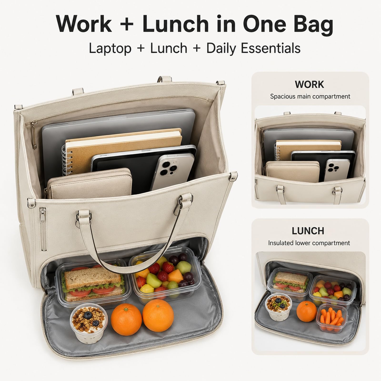 GOOGO Borsa pranzo donna con scomparto termico, borsa laptop elegante idrorepellente con vano lunch separato e molte tasche, per ufficio, campus e pendolarismo (bianco)