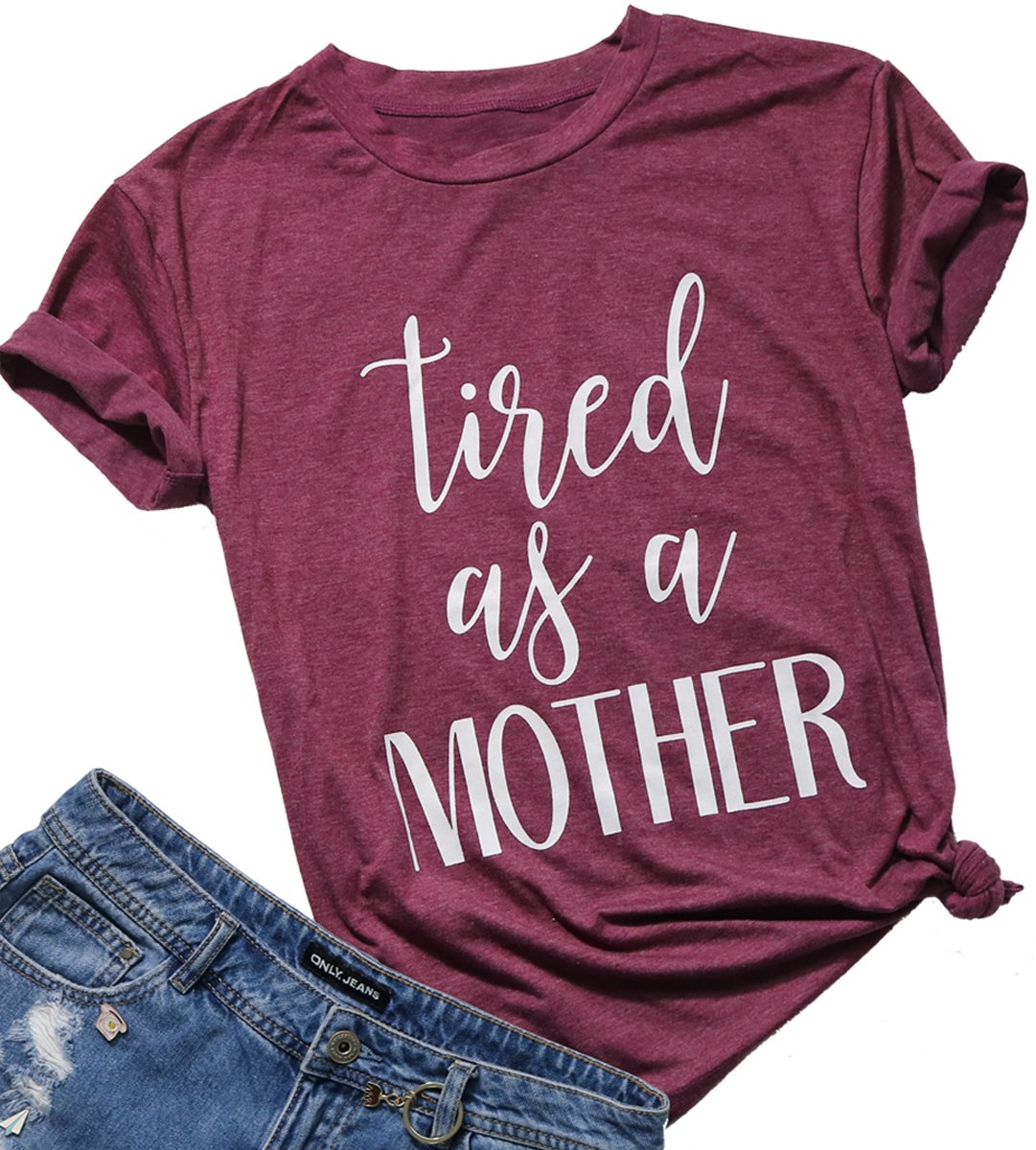 FAYALEQ Women's Basics Tops Tired as a Mother Letters Print T-Shirt Casual Blouse Tees