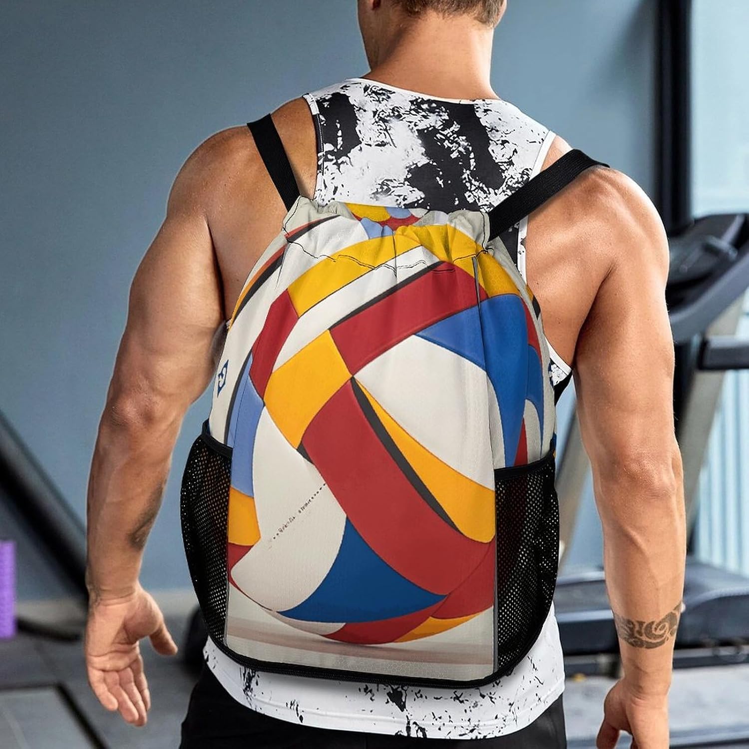 Drawstring Backpack Sports Gym Swim Bag with Shoes Compartment Abstract Elements of Physical Activity Stuff Sack