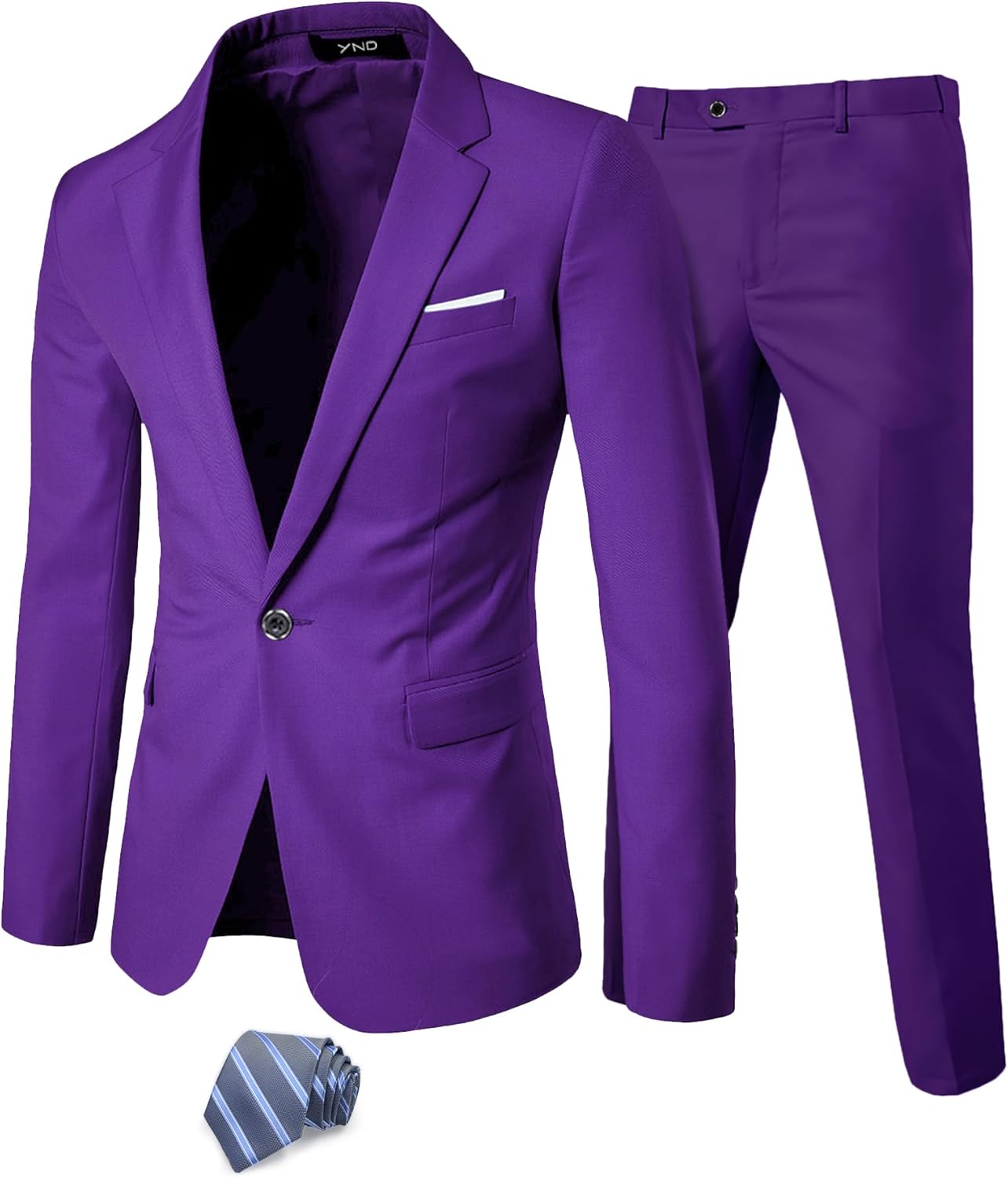 YND Men's 2 Piece Suit with Tie, One Button Slim Fit Solid Jacket and Pants Set, Suits for Men Prom Party Wedding & Business