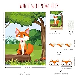 ASTARON Pin The Tail on The Fox Party Game with 30 Tail Stickers for Forest Farm Birthday Supplies Pin Game, Boys Girls Animal Party Favors Christmas Decorations