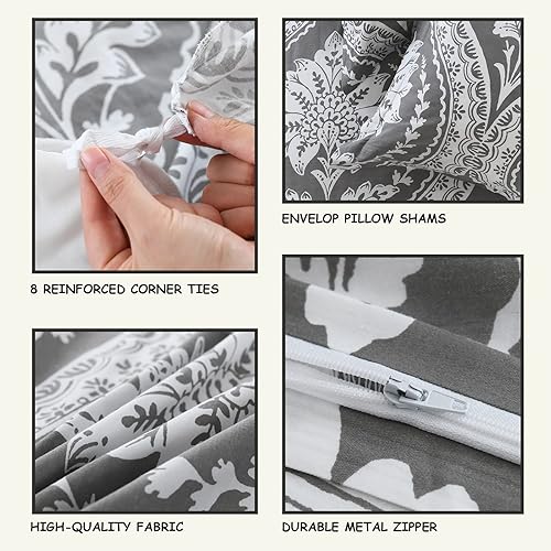 Miniatura 3 de Bedduvit Juego de funda de edredón de damasco tamaño King, 100% algodón, tamaño King, transpirable, minimalista, con cierre de cremallera y 8 lazos