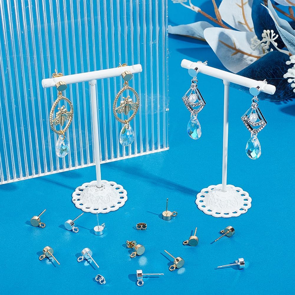 Beebeecraft 20Pcs Flat Round Stud Earrings with Loop 18K Gold & 925 Sterling Silver Plated Earring Posts Findings for Jewelry Making