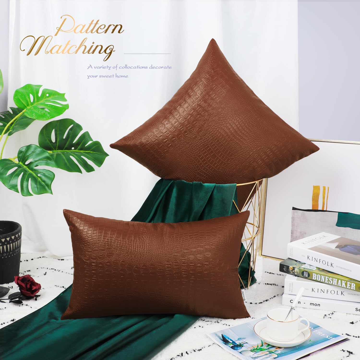 BRAWARM Faux Leather Pillow Covers 22 X 22 Inches, Light Brown Leather Pillow Covers Pack of 2, Crocodile Leather Decorative Throw Pillows for Living Room Couch Bed Sofa Home