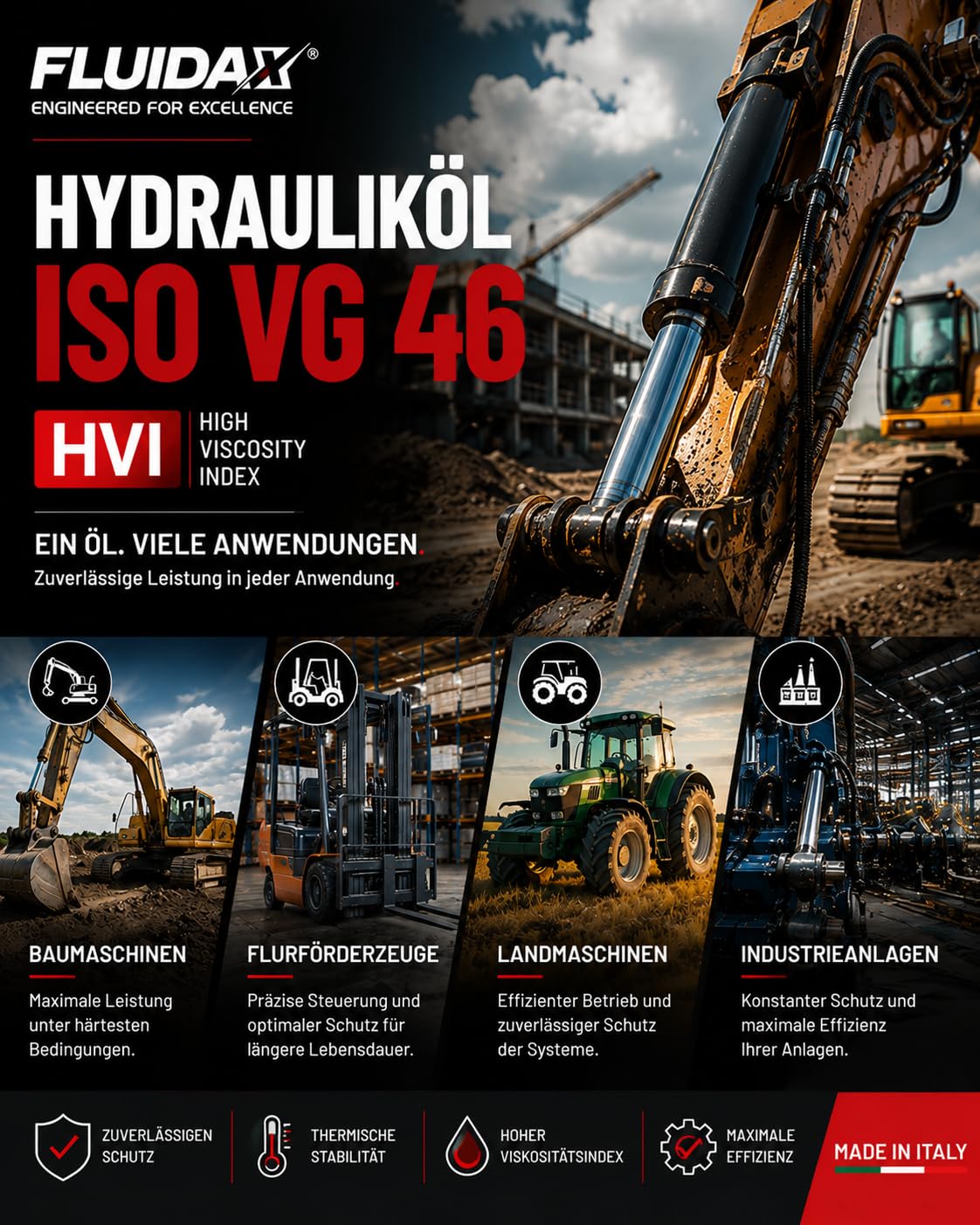 Hydrauliköl ISO VG 46 HVI 5 Liter – Hochleistungs Hydrauliköl mit hohem Viskositätsindex, Verschleißschutz und hoher thermischer Stabilität – Für Hydrauliksysteme, Industrie- und Landmaschinen