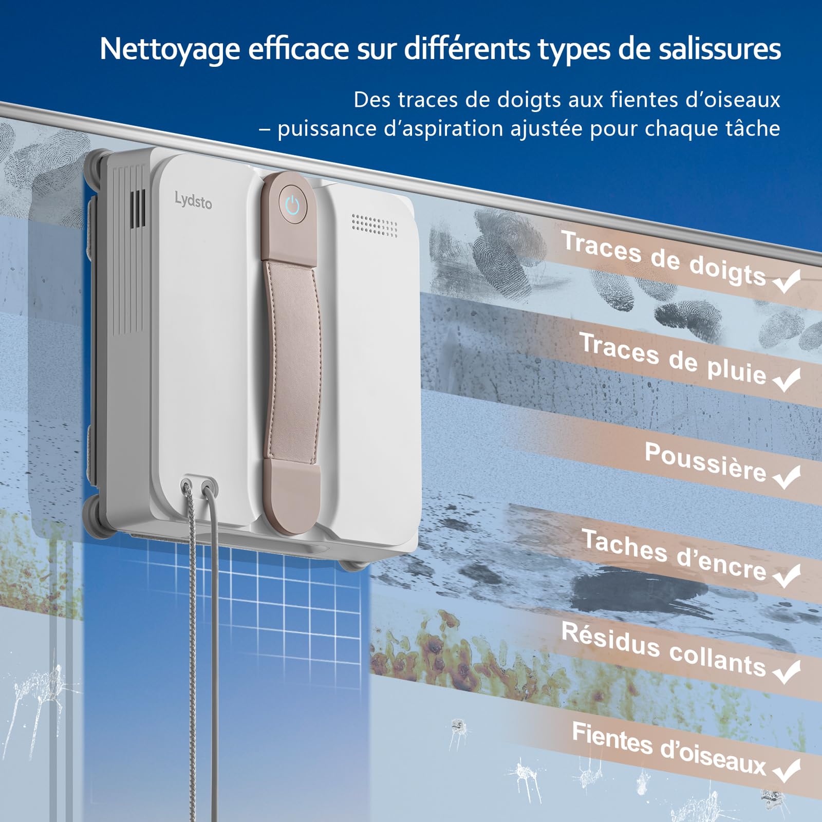Lydsto WL07 Max Robot Nettoyeur de Vitres, Robot Laveur Vitre avec Buses à 4 Pulvérisation Ultrasonore, 8000Pa, Ultra-Plat 5.5cm, Réservoir de 110 ML, Navigation Intelligente, 2 Chiffons