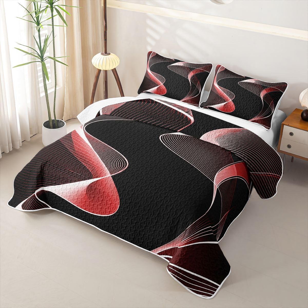 jejeloiu Geometric Red Black Quilt Set King Size Bedspread Kids Boys Girls