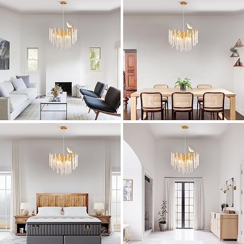 Miniatura 5 de XYDikssn Candelabro redondo de rama de árbol D24 pulgadas, 10 luces, moderno y lujoso candelabro redondo dorado de cristal con borla larga para