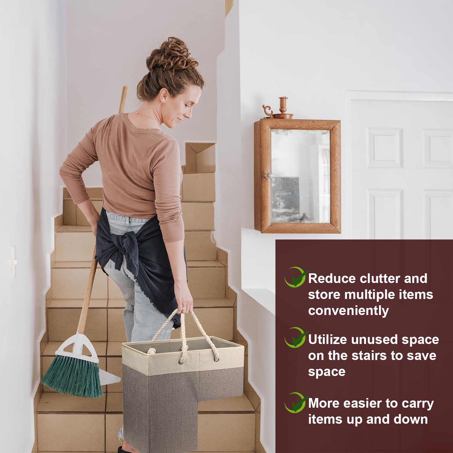 Cesta para Escaleras, 41 x 26 x 41 cm Cesta Multifuncional para Escaleras Organizador Contenedor de Almacenamiento con Asas de Cuerda Cesta Plegable para el Hogar y la Oficina