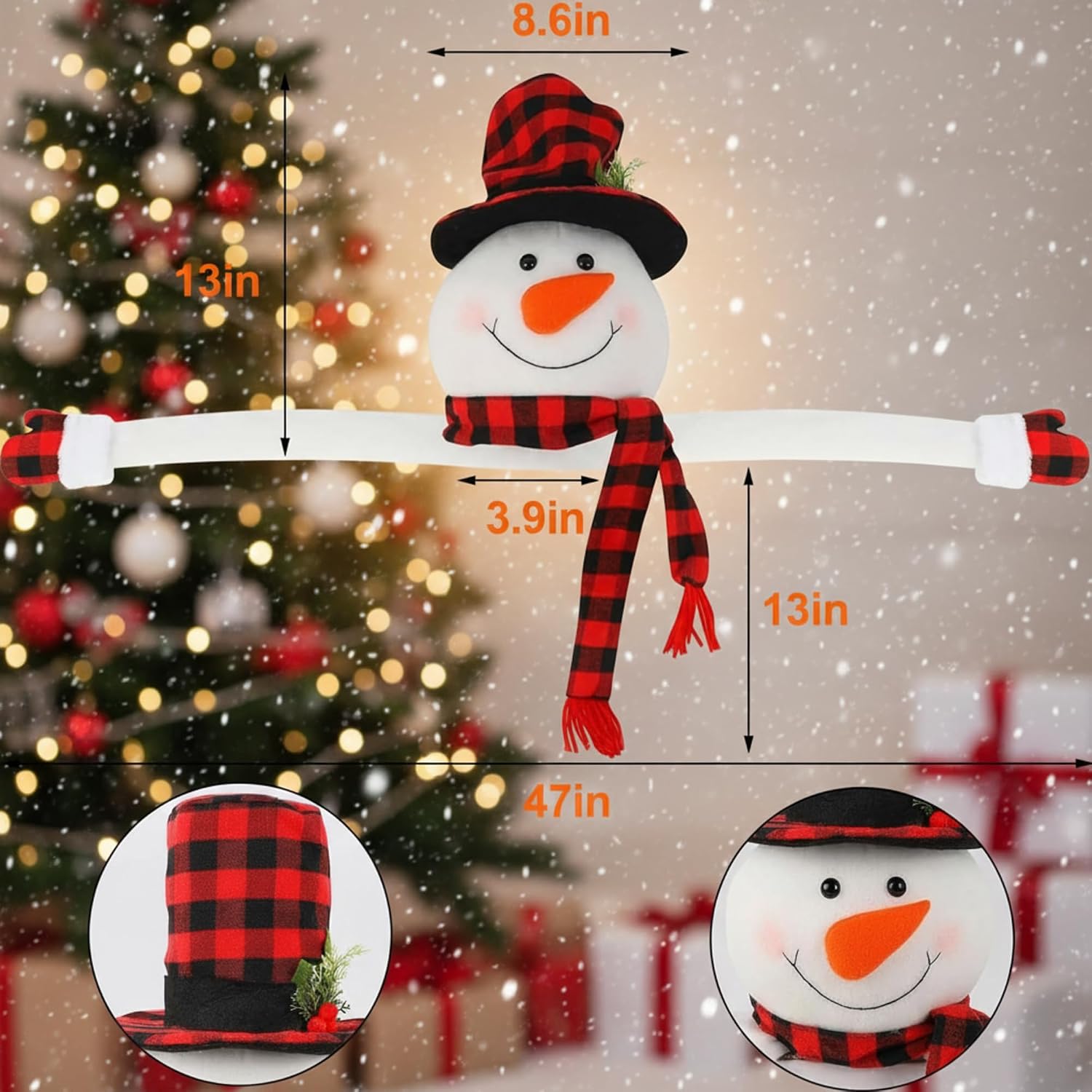 Soaoo 2 Pcs Christmas Tree Topper Snowman Tree Topper with Red Black Plaid Top Hat & Scarf Top Hat Snowmen Hug Treetop Xmas Home Ornament Holiday Winter Party Decorations