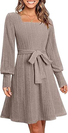 Wenrine Women's Striped Sweater Dress - Comfy Ribbed Knit Mini Dress With Long Sleeves
