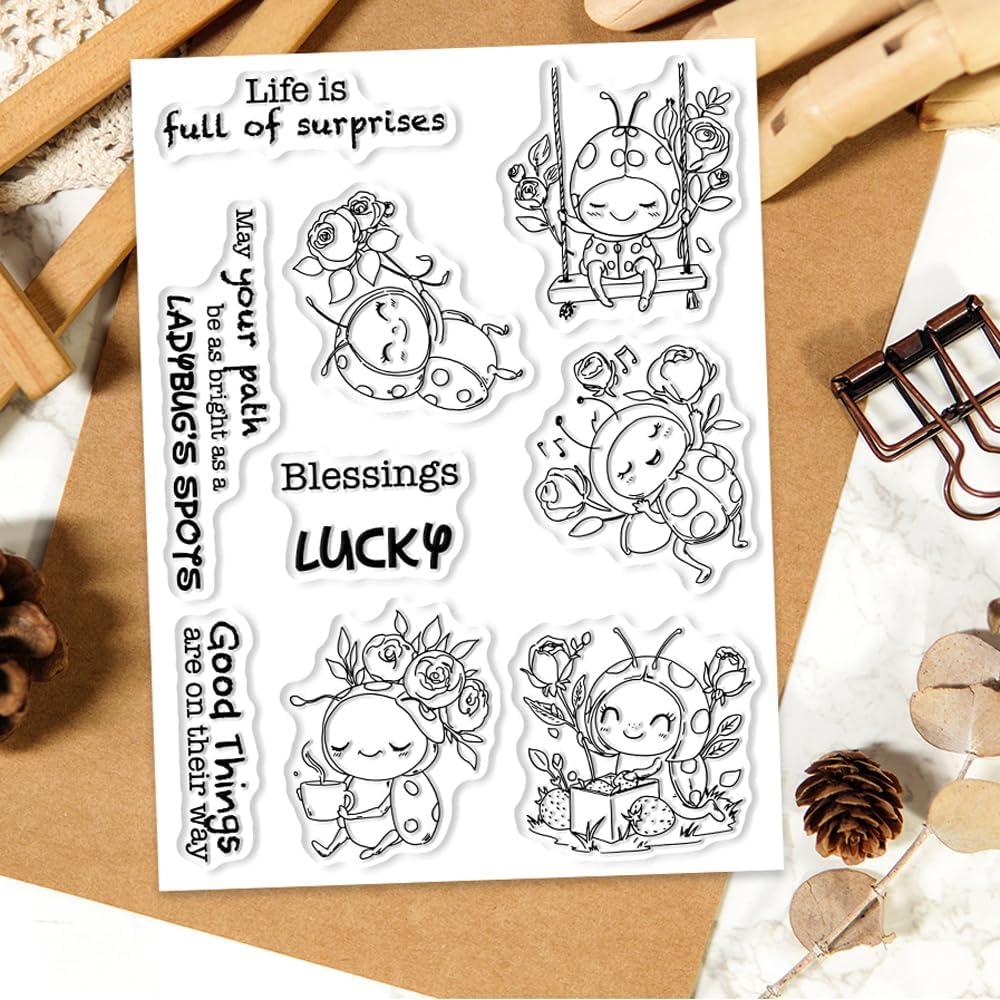 Animal Theme Clear Stamps and Metal Cutting Dies Set for Card Making DIY Scrapbooking Supplies Silicone Stamp Knife Mold for Albums Crafts (Cute Ladybugs 7.9 x 5.9 in) image 5