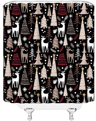 Miniatura 3 de Cortina de ducha de Navidad, pino, ciervo, reno, copo de nieve, estrella, invierno, vacaciones, festival de Navidad, vida silvestre, beige, rojo,